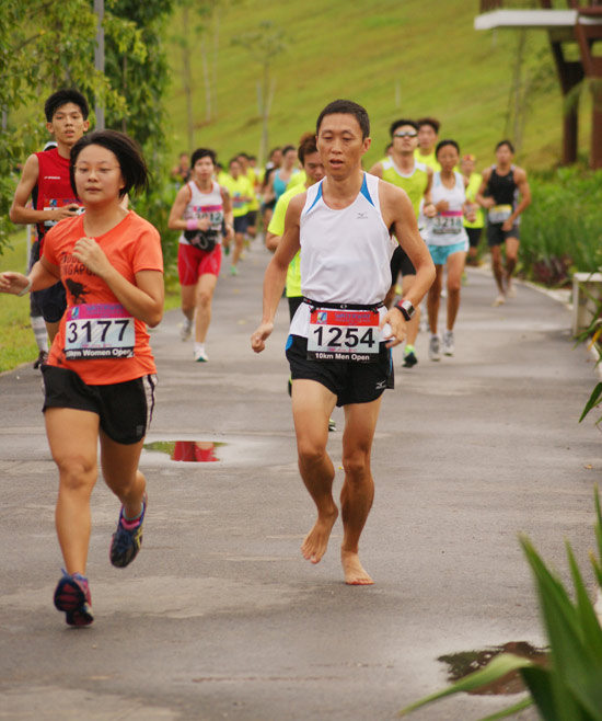 A runner has taken it to the next level and run barefoot