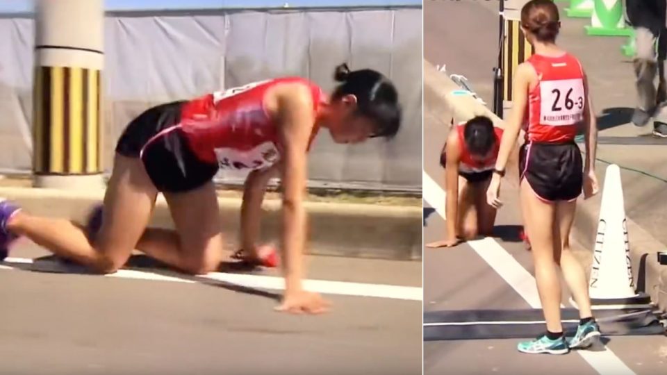 This 19 year old Japanese female runner broke a leg during a relay marathon. But she still completes the race.