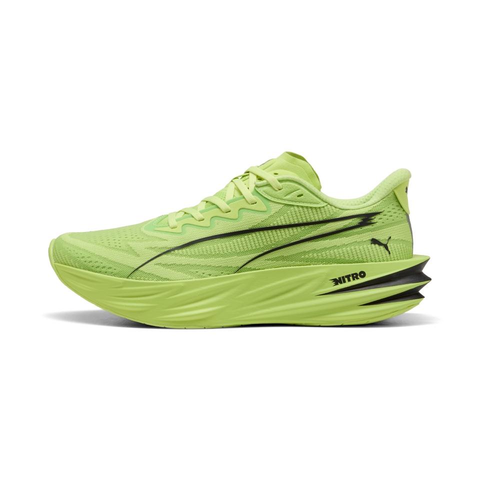 Side view of the PUMA Deviate PURE running shoe in Sunny Lime